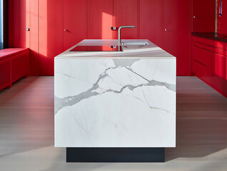 Modern Red Kitchen with White Marble Island and Induction Cooktop graphic design isolated on a transparent background