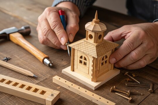 Craftsman meticulously detailing a wooden model of a house on a workbench surrounded by tools
