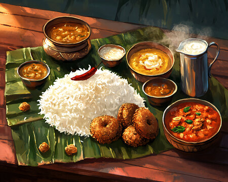 Authentic South Indian Meal Presentation Featuring Aromatic Curries And Fluffy Rice