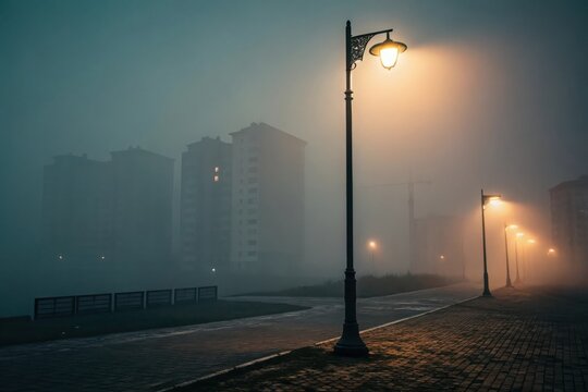Foggy evening street scene with illuminated lamps and buildings shrouded in mist - Powered by Adobe