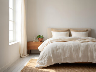 Minimalist bedroom with white bedding and natural light duvet pillows isolated on a transparent background