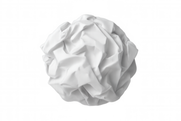 Crumpled white fabric ball creating abstract texture and wrinkled surface on transparent background