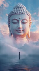 a colossal Buddha head emerging from misty clouds above a calm