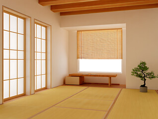 Minimalist Japanese Room with Tatami Flooring and Bonsai Tree tatami mats shoji windows isolated on a transparent background