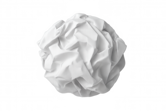 Crumpled white fabric ball creating abstract texture and wrinkled surface on transparent background
