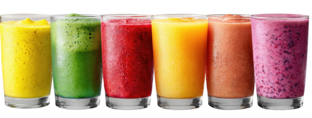 Row of colorful fruit smoothies in clear glasses