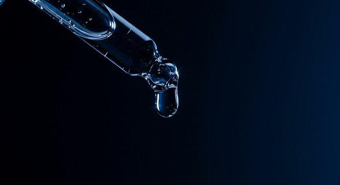 Close up of a glass dropper with a blue liquid droplet falling