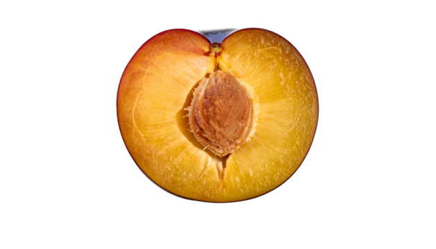 Sliced plum revealing golden flesh and brown pit on dark background