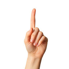 Woman's hand with index finger pointing up, making a touching or choosing gesture. Isolated on transparent background, png