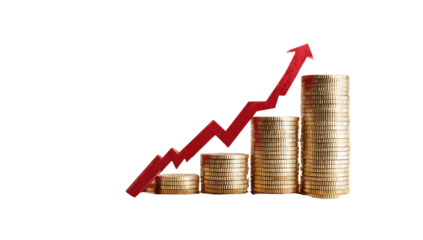 Stacks of coins rising, a red upward trend line