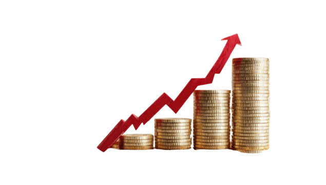 Stacks of coins rising, a red upward trend line