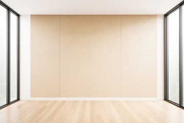 Fototapeta premium Minimalist empty modern room interior with wooden flooring, large windows, and beige accent wall for branding or design presentation concept.