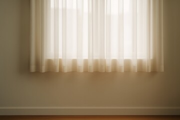 Obraz premium Soft natural daylight filtering through sheer beige curtains in a minimal room interior with wooden floor and neutral wall background. Ai generative