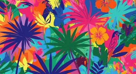 A vibrant, colorful tropical floral pattern with a mix of bright colors and tropical elements.