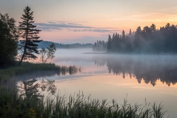Fototapeta premium Serene sunrise over a misty lake surrounded by trees, reflecting nature's beauty at dawn