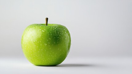Bright green apple with water droplets on its surface against a neutral background for fresh food presentation