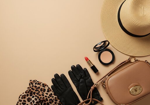 Chic summer accessories flat lay with hat gloves handbag and lipstick