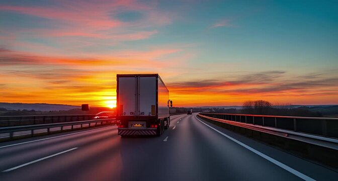 Rear view of a semitrailer truck driving on a highway at sunset with a vibrant orange and blue sky animated 4k video