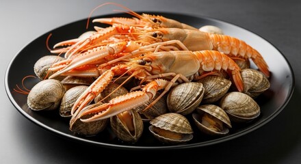 Platter of Delicious Seafood with Prawns and Clams