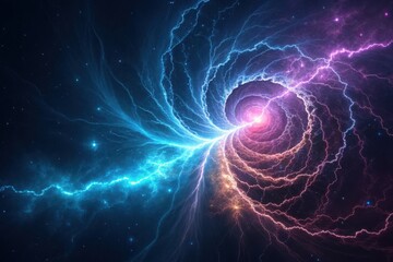 Swirling cosmic vortex of vibrant blue and purple energy amidst a starry background