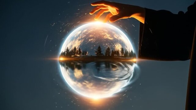 A mystical hand manipulating a glowing orb reflecting a serene landscape at twilight