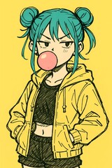 Stylish girl with bubble gum in yellow hoodie, expressing youthful energy and playful spirit in a contemporary fashion illustration for creative projects