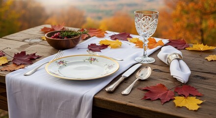 An Autumn Dinner Setting Outdoors Surrounded by Colorful Foliage