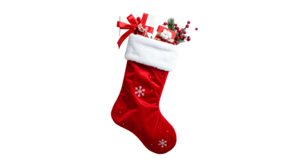 Festive red stocking, filled with gifts and foliage