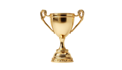 Gold trophy against black background