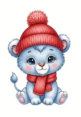 Adorable baby lion cub wearing a festive winter hat and scarf makes for perfect children's book illustrations or holiday greeting cards with a heartwarming touch