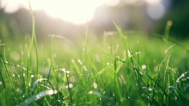 Morning sunlight over fresh green grass with dew drops and soft bokeh background