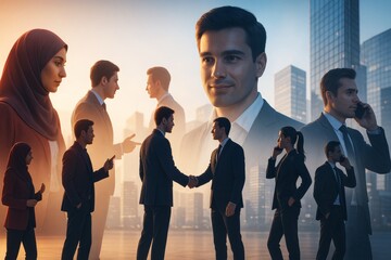 Business professionals interacting in various scenarios with city skyline and soft light background, symbolizing modern corporate communication concept.