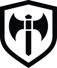 Black double axe symbol within a shield outline battle axe
