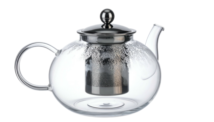 Clear glass teapot with a metal infuser and silver lid