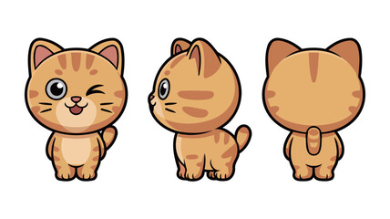 Adorable cartoon kitten character winking, poses from front, side, and back showcase playful feline charm, perfect for children's designs and cute animal themes