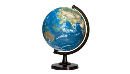 Earth globe showing continents, oceans, and a stand