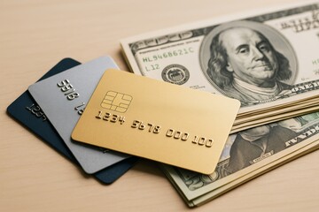 Fototapeta premium Metallic credit cards in gold, silver, and black placed beside US dollar bills on light wood background symbolizing wealth and financial success. Ai generative