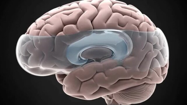 Human brain suffering from Hydrocephalus showing enlarged ventricles, cerebrospinal fluid accumulation, and increased intracranial pressure in a detailed medical illustration for healthcare education,