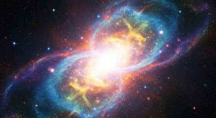 A vibrant, colorful spiral galaxy with a central bright star and swirling colors in the background.