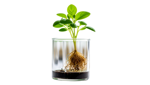 Sapling with roots in clear glass, soil at the bottom, bright leaves