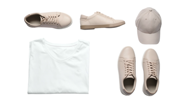 Flat lay of blank white tee, cap, beige sneakers on black background