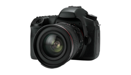 Black DSLR camera with a large lens isolated on black