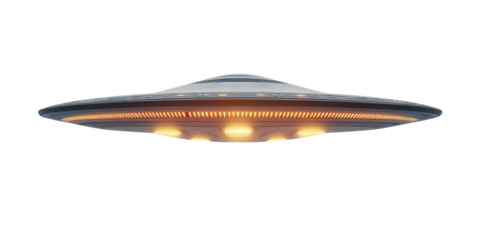 Metallic disc-shaped UFO with glowing lights hovering against a black background