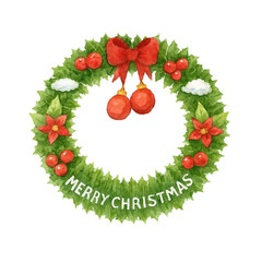 Watercolor Christmas Wreath with Red Bow and Holly Decoration