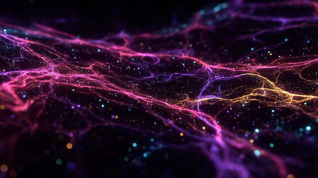 Vibrant neon fractals dancing across infinite voids abstract tech background