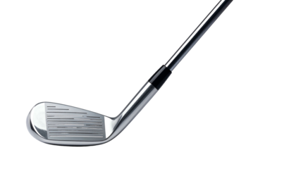 Silver golf club head and shaft against a solid black backdrop