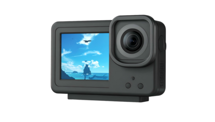 Action camera shows a tropical beach on its LCD screen