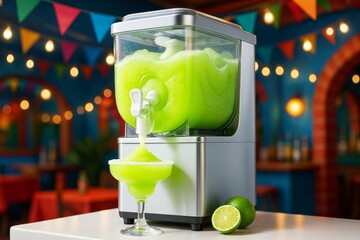 Bright green frozen margarita pouring from a modern slush machine into a cocktail glass, festive lights and colorful party background. Ai generative