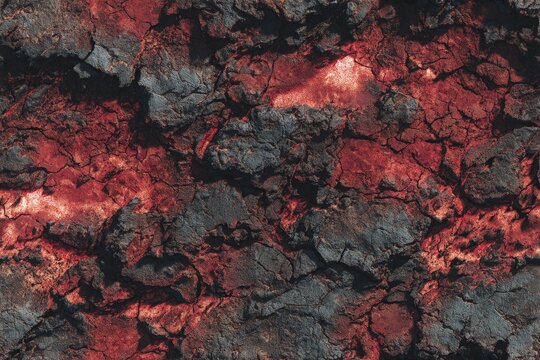 Top-down Seamless volcanic terrain map cracked lava fields smoldering vents and obsidian rocks dark red and black texture for fantasy battlemaps