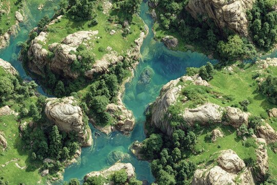 Top-down seamless terrain map texture fantasy RPG style blended biomes with forests rivers and mountains repeatable tile pattern muted colors